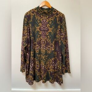 Susan Graver Women's Top Sz 2X Printed Mock Neck Knit Gold Green animal print